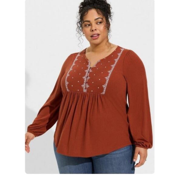TORRID Textured Jersey V-Neck Embroidered Yoke Long Sleeve Top - Picture 1 of 10